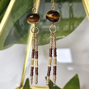 Genuine Tigers Eye Beaded Indigenous Native Fringe Earrings | Handmade